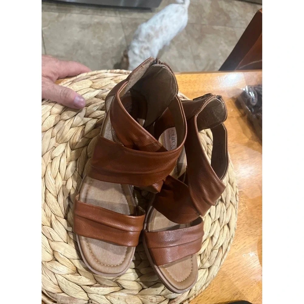 Eurosoft by Sofft Jennifer Cognac Brown Ruched Wedge Gladiator Sandals Women 7